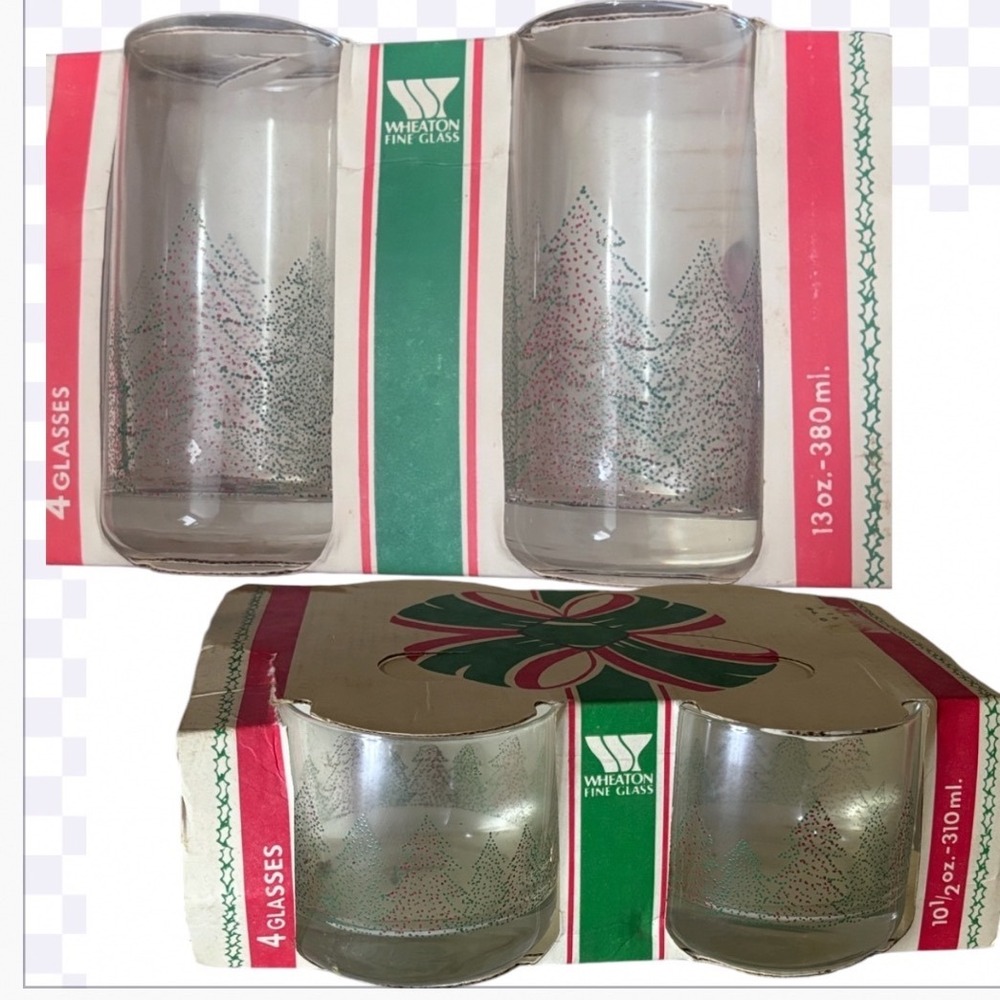 8 Vintage Wheaton Fine Glasses Christmas Pine Trees Dots 13oz & 10.5oz New NOS
